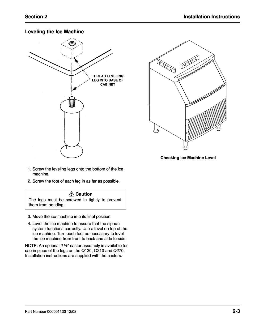 Manitowoc Ice Q130 manual Leveling the Ice Machine, Checking Ice Machine Level, Section, Installation Instructions 