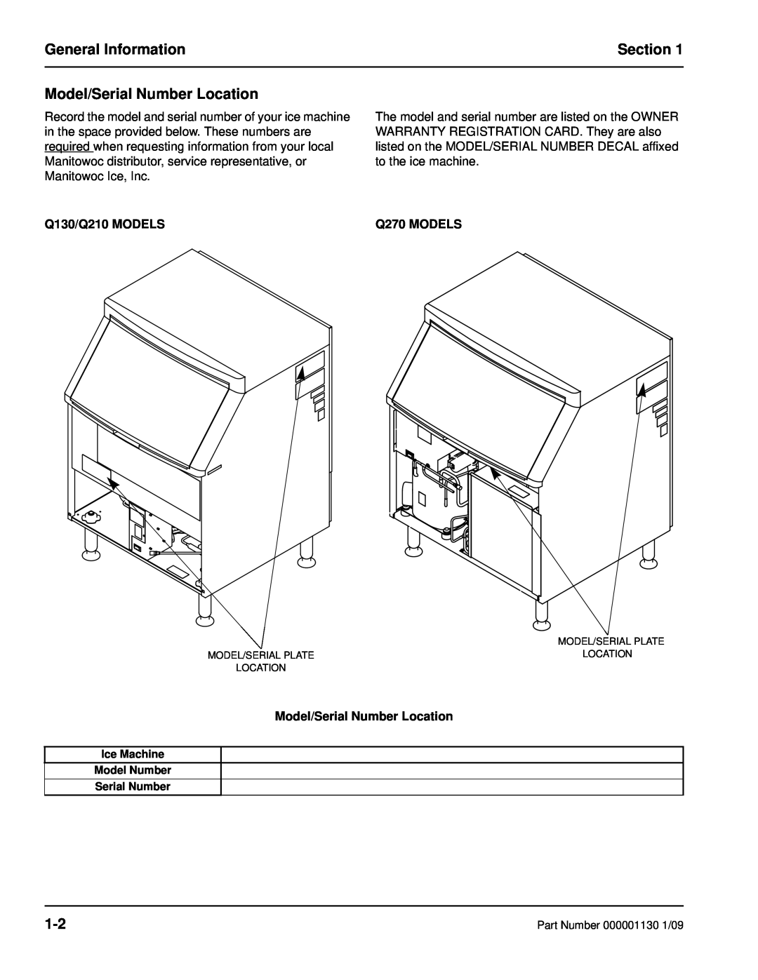 Manitowoc Ice manual General Information, Section, Model/Serial Number Location, Q130/Q210 MODELS, Q270 MODELS 