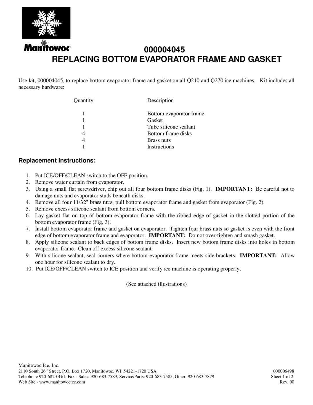 Manitowoc Ice Q270, Q210 manual Replacing Bottom Evaporator Frame and Gasket, Replacement Instructions, Manitowoc Ice, Inc 