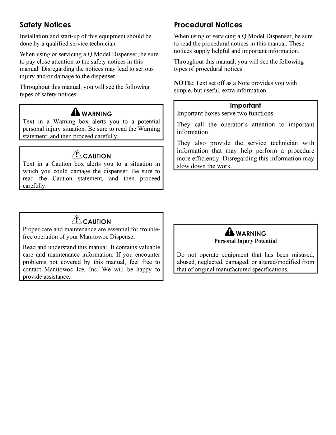 Manitowoc Ice Q300, Q290, Q160 service manual Safety Notices 