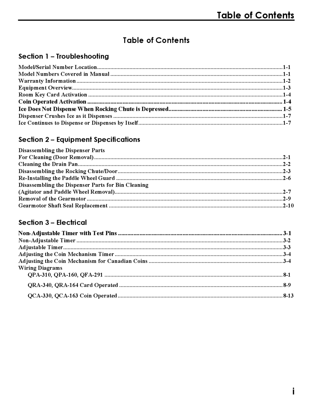 Manitowoc Ice Q290, Q160, Q300 service manual Table of Contents 