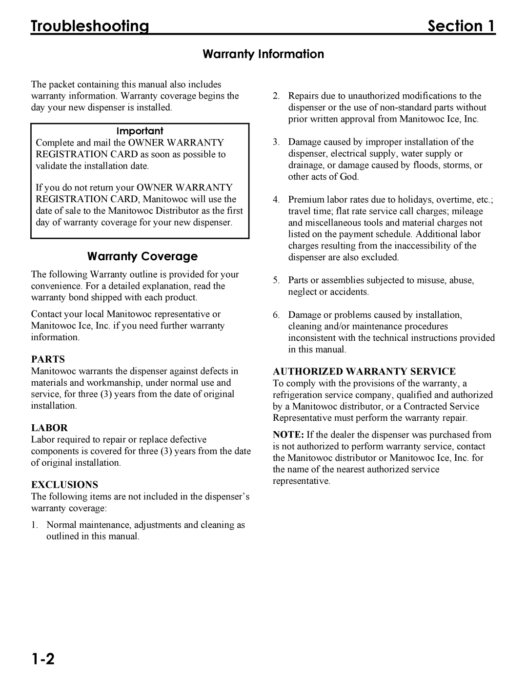 Manitowoc Ice Q290, Q160, Q300 service manual Troubleshooting Section, Warranty Information 