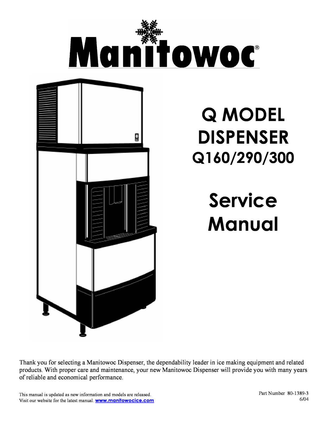 Manitowoc Ice Q290, Q300 service manual Q Model Dispenser, Q160/290/300 