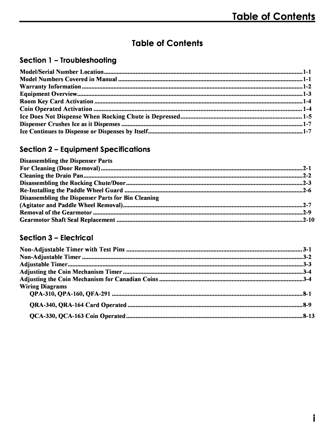 Manitowoc Ice Q290, Q160, Q300 service manual Table of Contents, Troubleshooting, Equipment Specifications, Electrical 