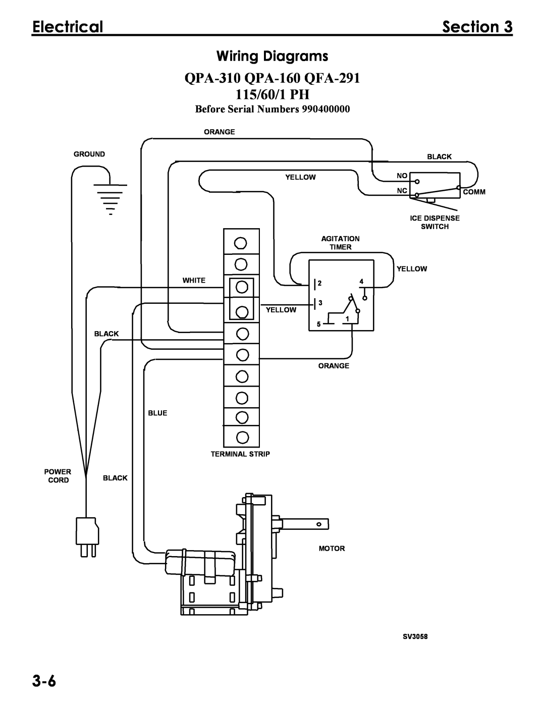 Manitowoc Ice Q290, Q160 Wiring Diagrams, QPA-310 QPA-160 QFA-291 115/60/1 PH, Before SeriDl NumberV, ElectricalSection 