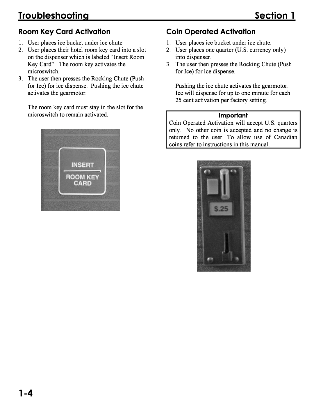 Manitowoc Ice Q300, Q290, Q160 service manual Room Key Card Activation, Coin Operated Activation, Troubleshooting, Section 