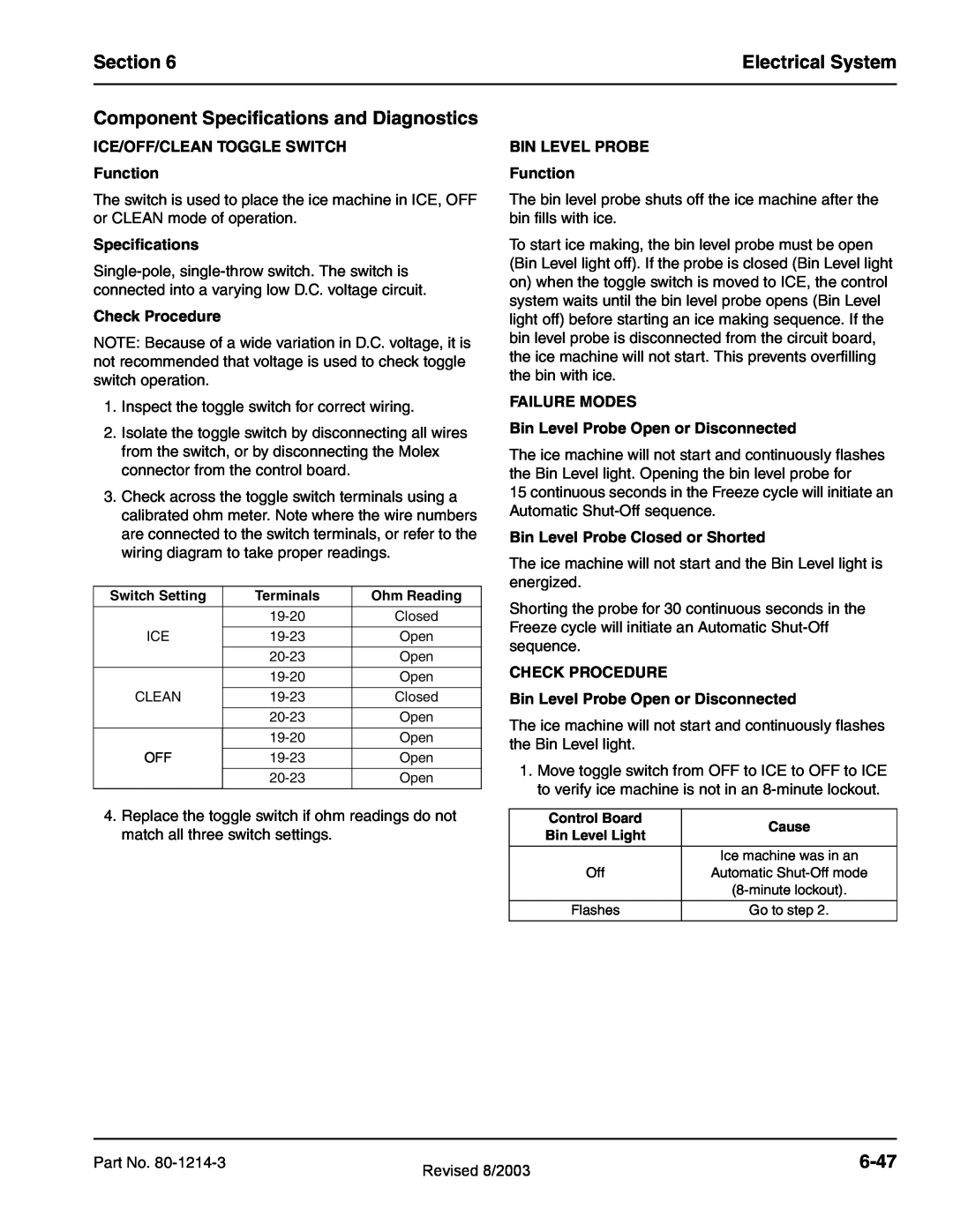 Manitowoc Ice QF2200, QF2300 Section, Electrical System, Component Specifications and Diagnostics, 6-47, Check Procedure 