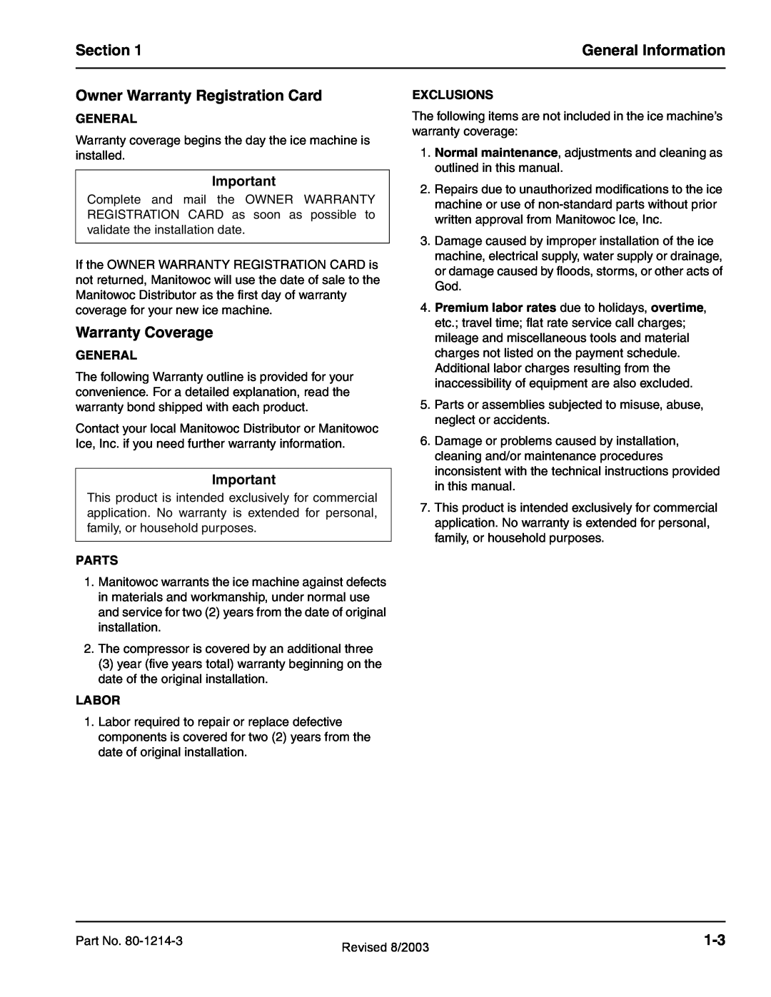 Manitowoc Ice QF0800 Section, General Information, Owner Warranty Registration Card, Warranty Coverage, Parts, Labor 