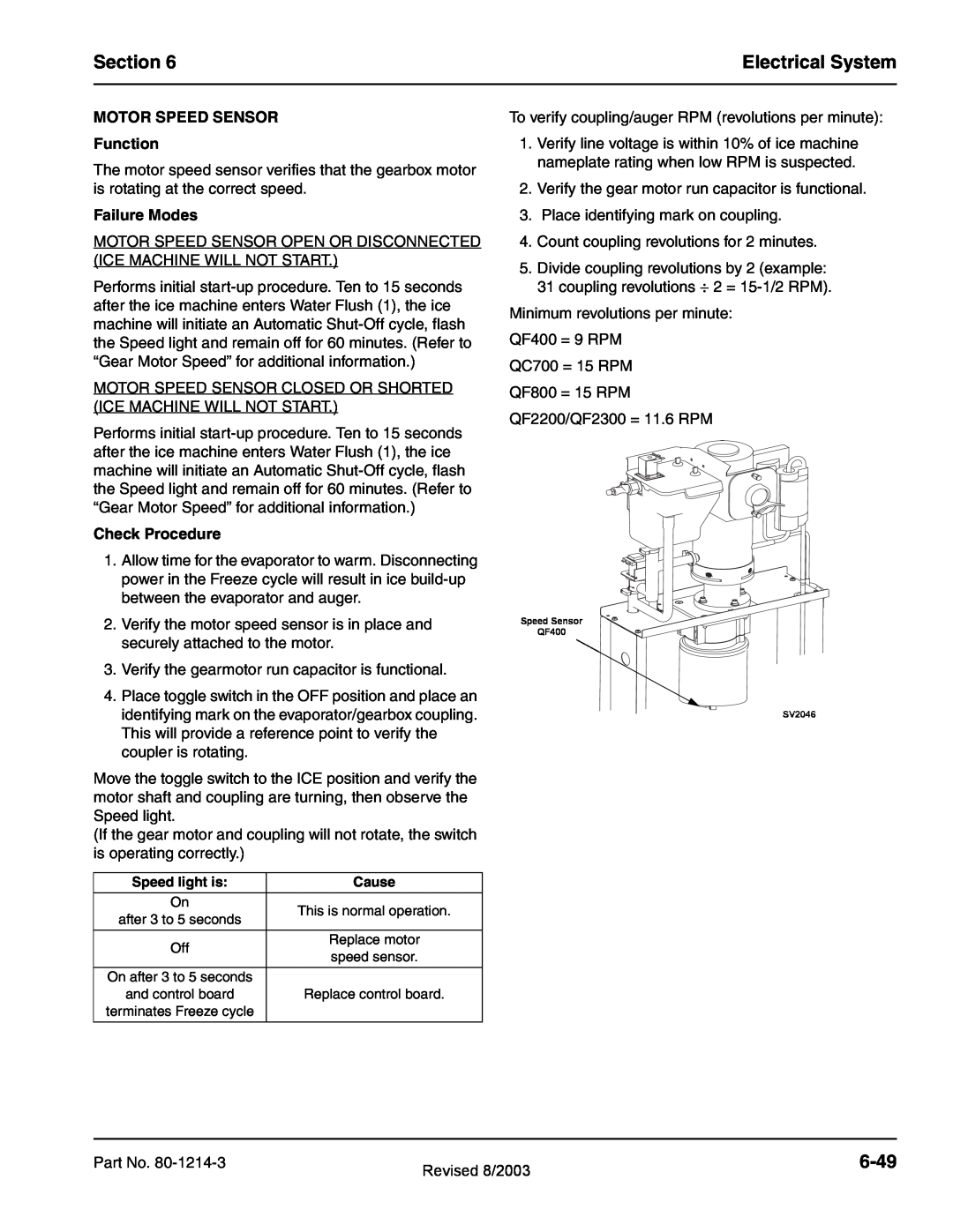 Manitowoc Ice QF0800, QF2300 Section, Electrical System, 6-49, MOTOR SPEED SENSOR Function, Failure Modes, Check Procedure 