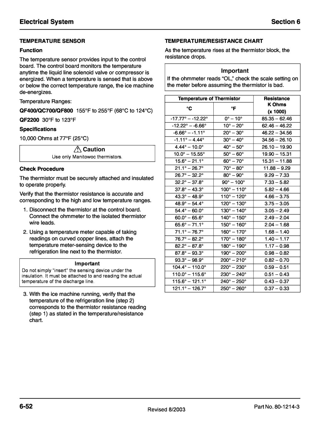 Manitowoc Ice QF2200 Electrical System, Section, 6-52, TEMPERATURE SENSOR Function, Specifications, Check Procedure 