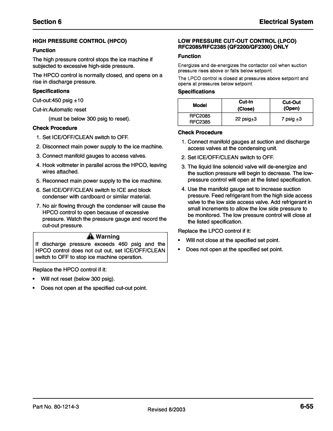 Manitowoc Ice QC0700, QF2300, QF0800 Section, Electrical System, 6-55, HIGH PRESSURE CONTROL HPCO Function, Specifications 