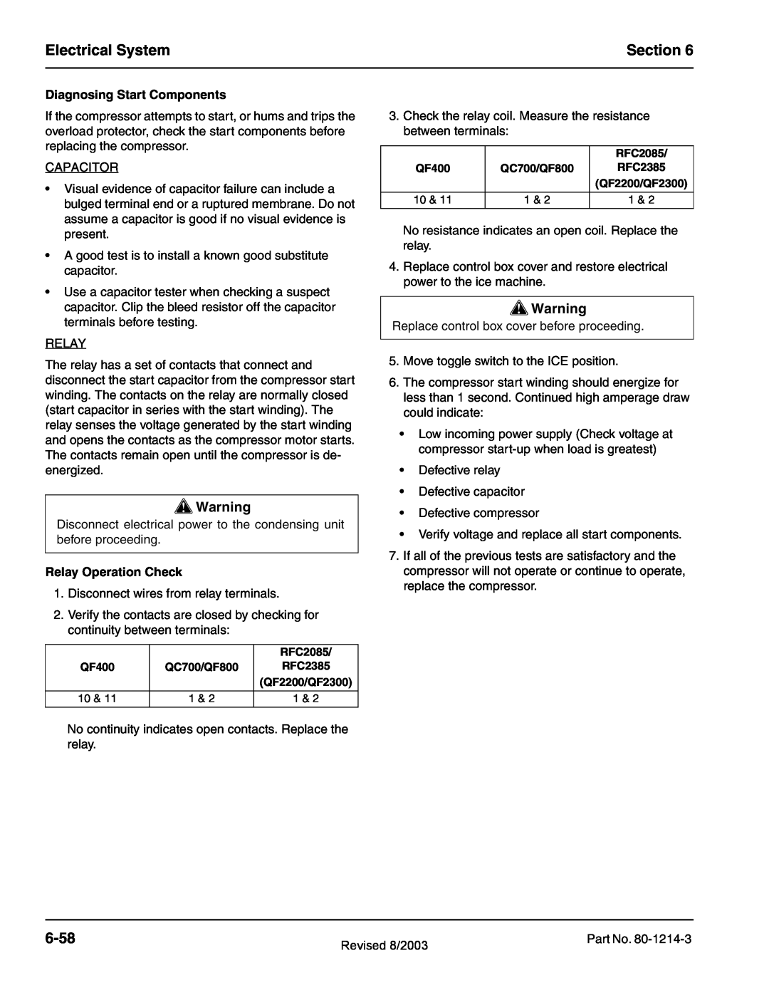 Manitowoc Ice QF2300, QF0800, QC0700 Electrical System, Section, 6-58, Diagnosing Start Components, Relay Operation Check 