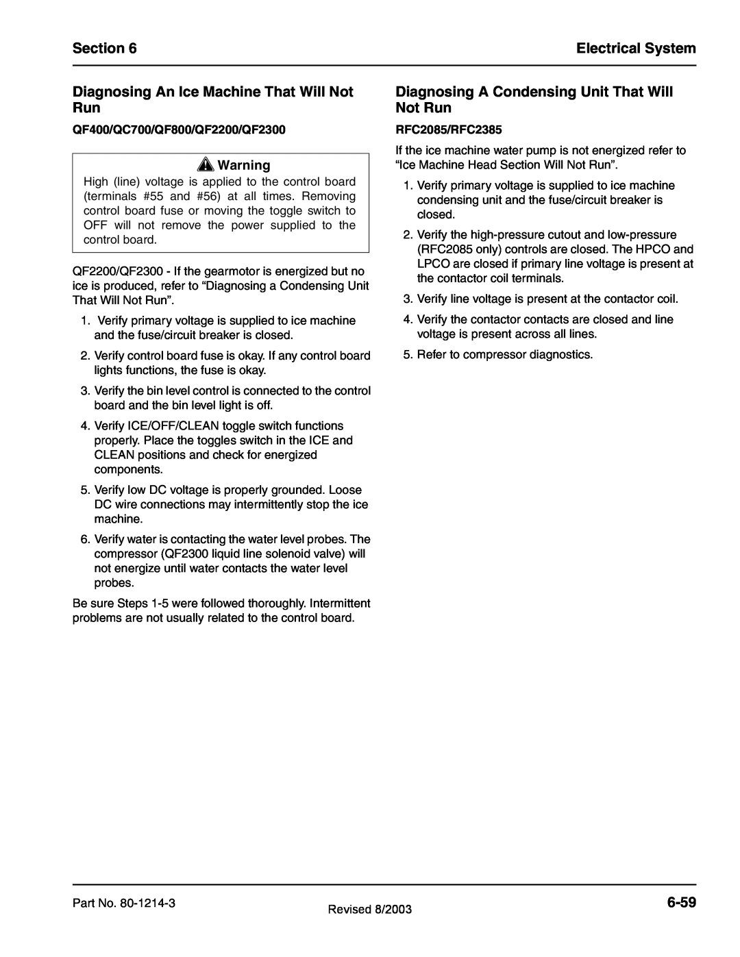 Manitowoc Ice QF0800 Section, Electrical System, Diagnosing An Ice Machine That Will Not Run, 6-59, RFC2085/RFC2385 