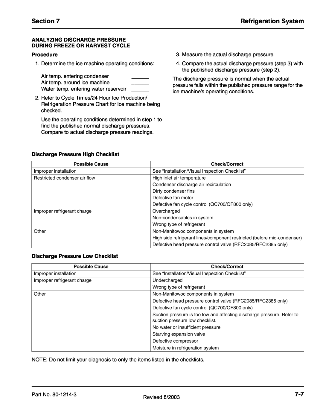 Manitowoc Ice QF2200, QF2300, QF0800, QC0700 Section, Refrigeration System, Procedure, Discharge Pressure High Checklist 