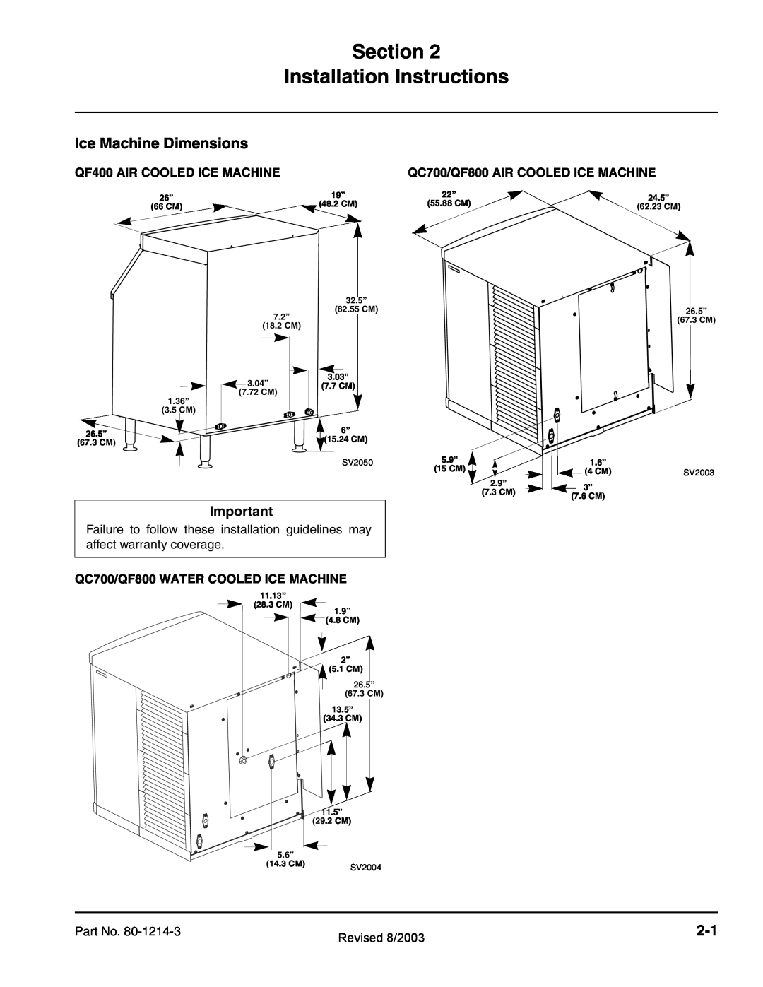 Manitowoc Ice QF0400, QF2300 Section Installation Instructions, Ice Machine Dimensions, QF400 AIR COOLED ICE MACHINE 