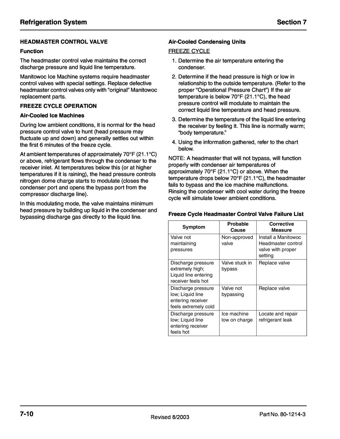 Manitowoc Ice QC0700 Refrigeration System, Section, 7-10, HEADMASTER CONTROL VALVE Function, Air-CooledCondensing Units 