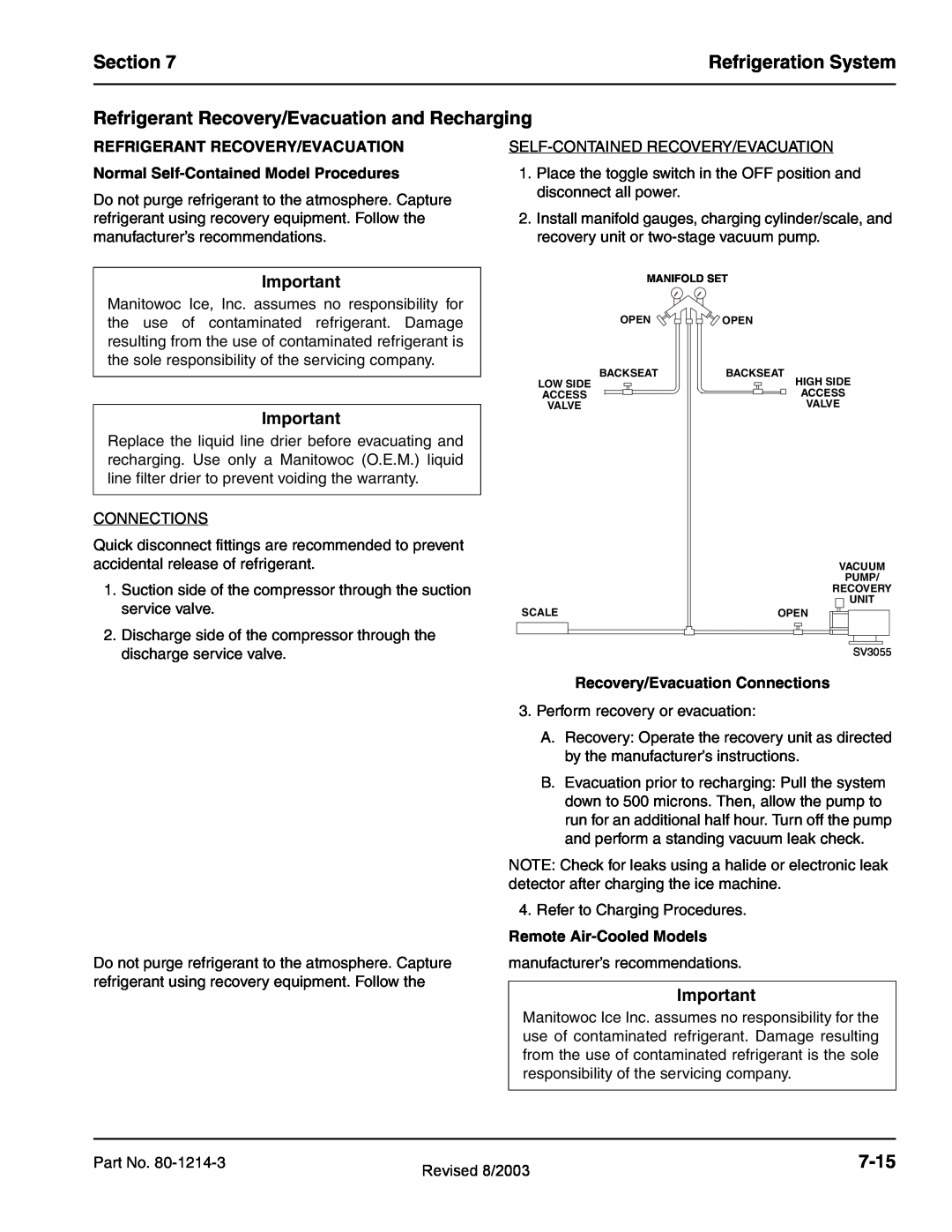Manitowoc Ice QC0700, QF2300, QF0800 Section, Refrigeration System, Refrigerant Recovery/Evacuation and Recharging, 7-15 