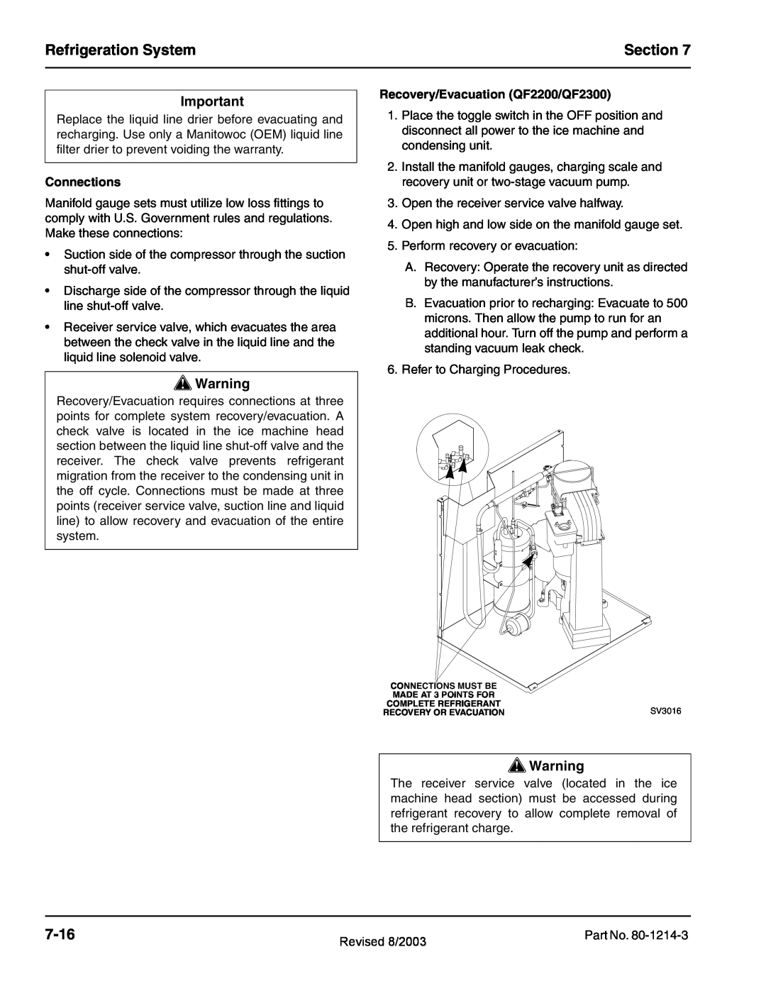 Manitowoc Ice QF0400, QF0800, QC0700 Refrigeration System, Section, 7-16, Connections, Recovery/Evacuation QF2200/QF2300 