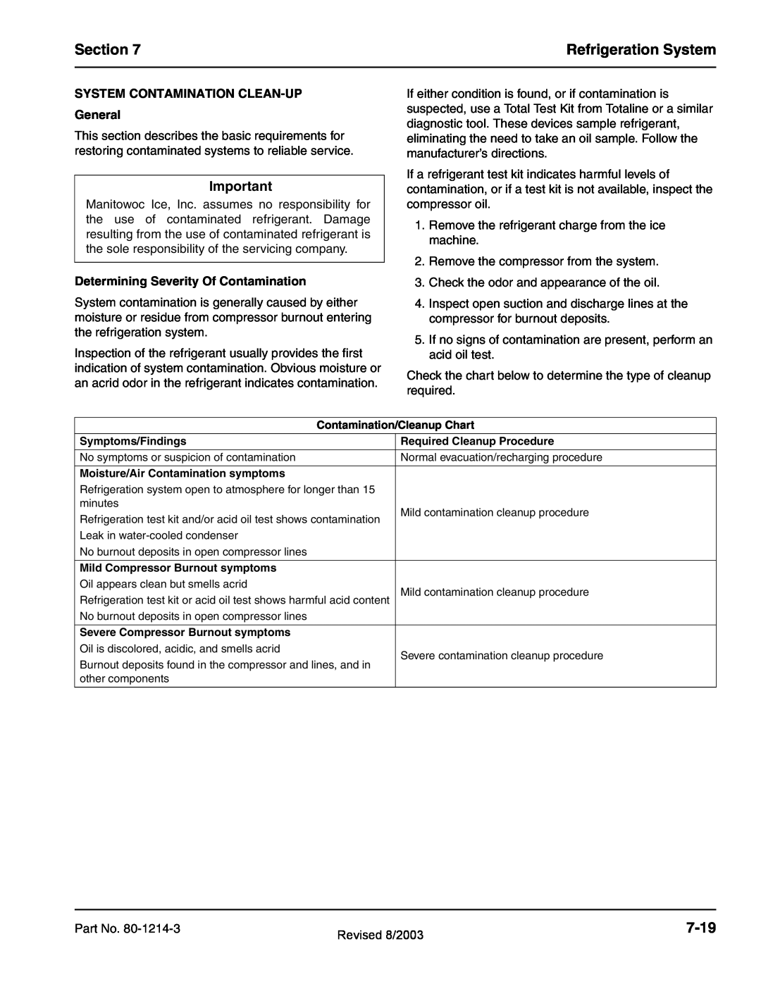 Manitowoc Ice QF0800, QF2300, QC0700, QF0400 Section, Refrigeration System, 7-19, SYSTEM CONTAMINATION CLEAN-UP General 