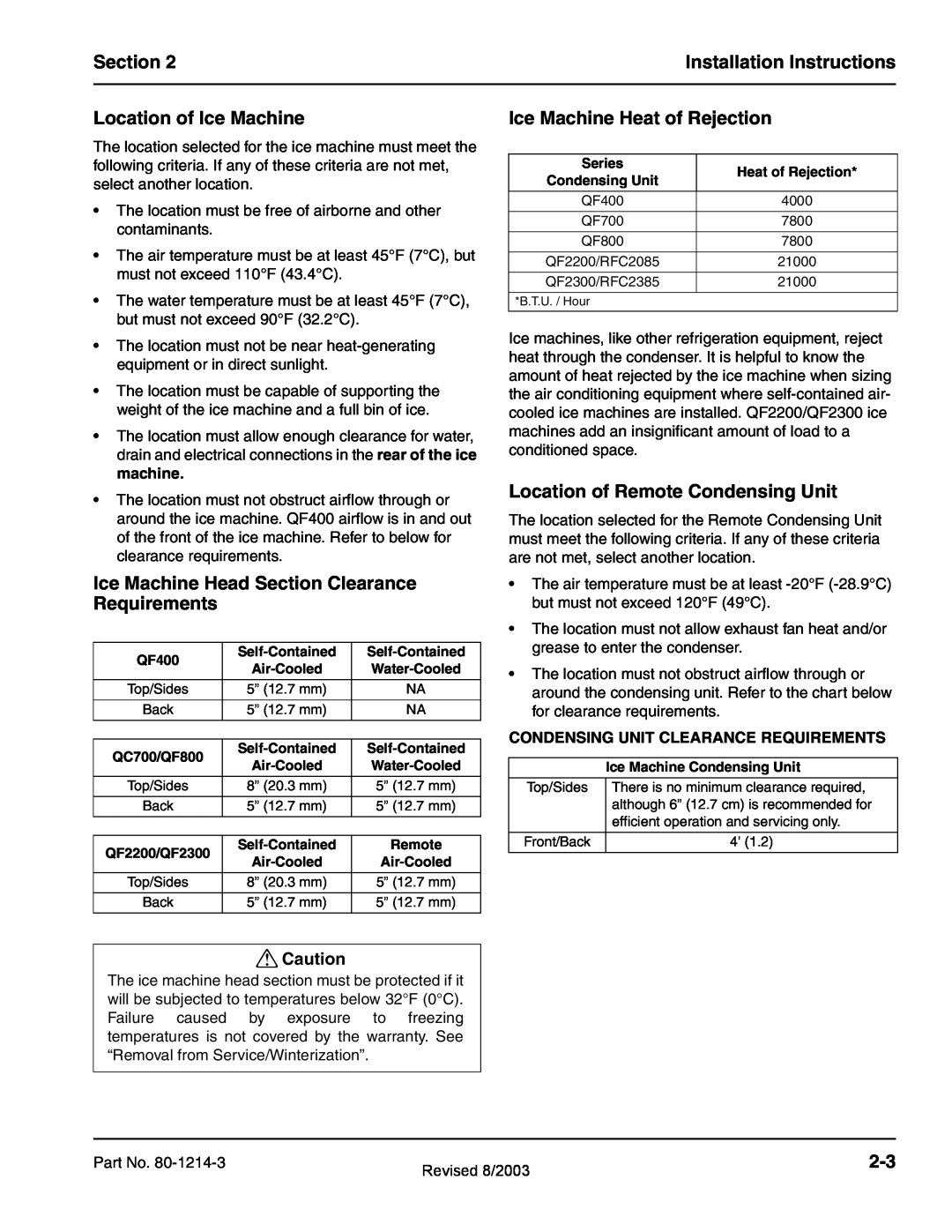 Manitowoc Ice QF2300, QF0800 Section, Installation Instructions, Location of Ice Machine, Ice Machine Heat of Rejection 