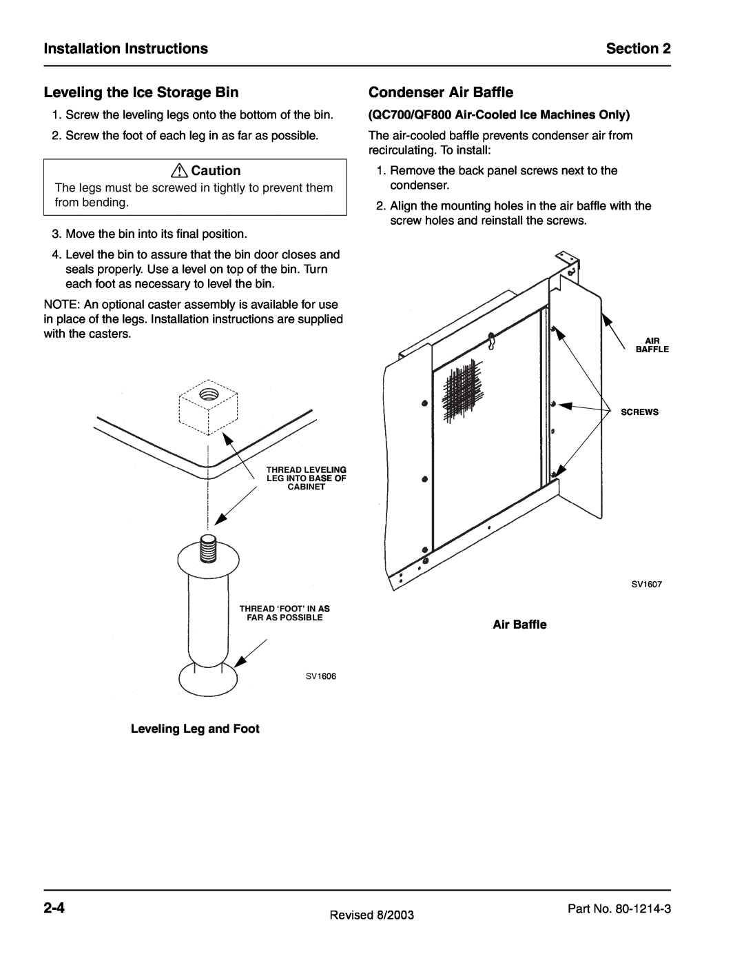 Manitowoc Ice QF0800, QF2300, QC0700 Installation Instructions, Section, Leveling the Ice Storage Bin, Condenser Air Baffle 