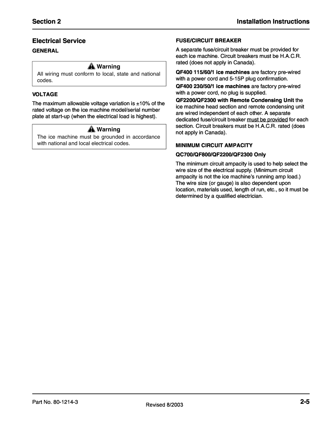 Manitowoc Ice QC0700 Section, Installation Instructions, Electrical Service, General, Voltage, Fuse/Circuit Breaker 