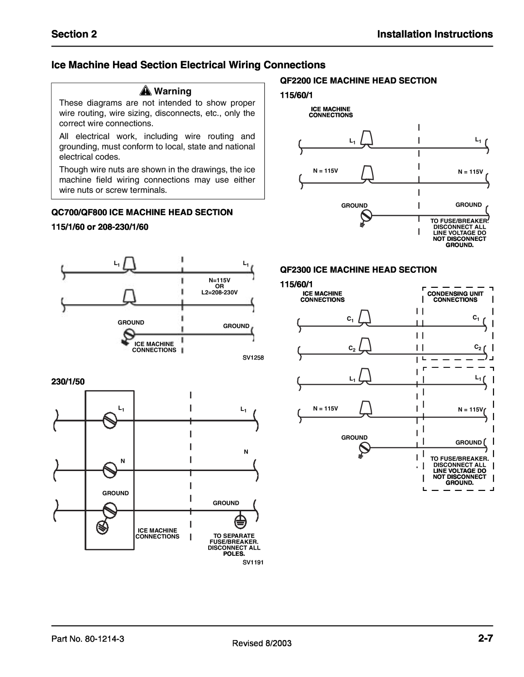 Manitowoc Ice Section, Installation Instructions, QF2200 ICE MACHINE HEAD /60/1, QF2300 ICE MACHINE HEAD SECTION 