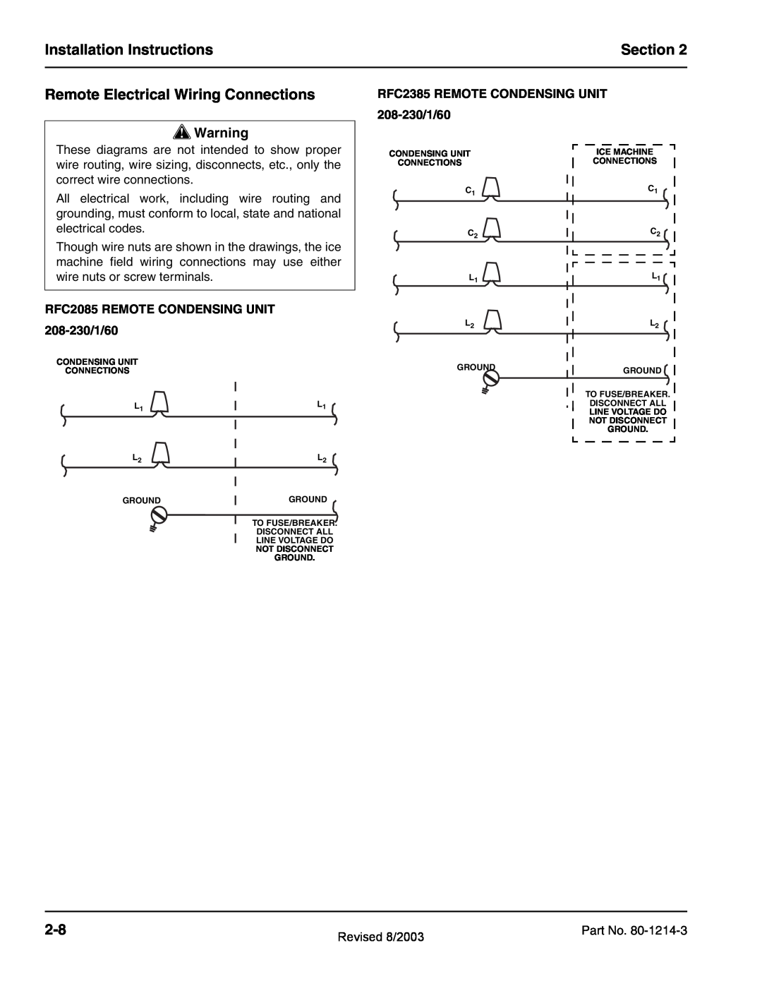 Manitowoc Ice QF2300, QF0800, QC0700, QF0400, QF2200 Installation Instructions, Section, Remote Electrical Wiring Connections 