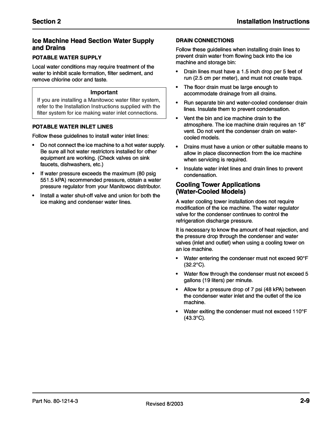 Manitowoc Ice QF0800 Installation Instructions, Ice Machine Head Section Water Supply and Drains, Potable Water Supply 