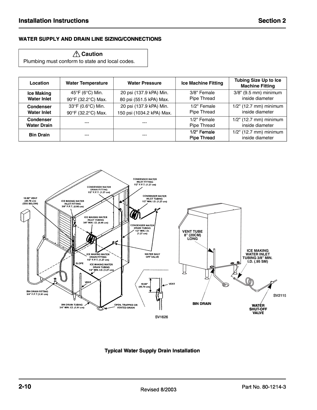 Manitowoc Ice QC0700, QF2300 Installation Instructions, Section, 2-10, Water Supply And Drain Line Sizing/Connections 