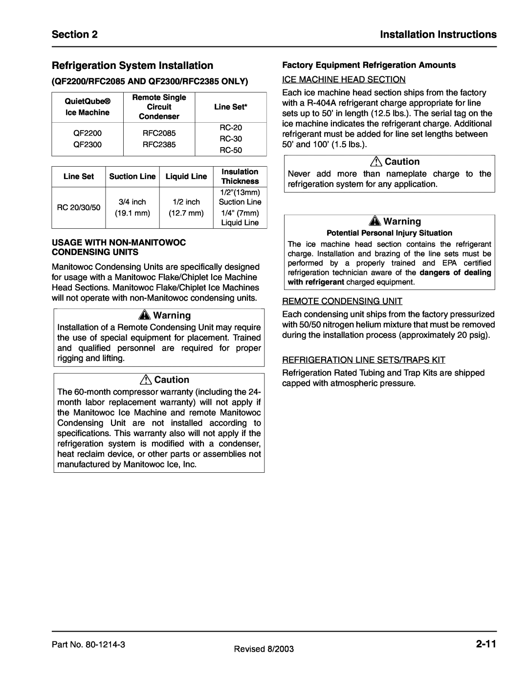 Manitowoc Ice QF0400, QF2300, QF0800, QC0700 Section, Installation Instructions, Refrigeration System Installation, 2-11 