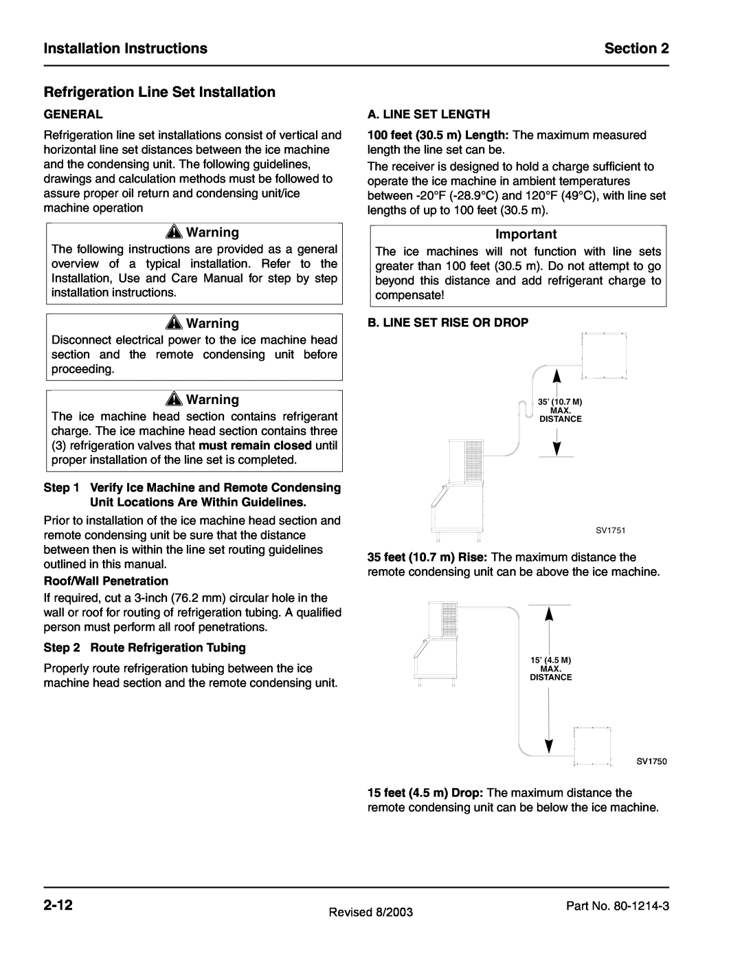 Manitowoc Ice QF2200, QF2300, QF0800 Installation Instructions, Section, Refrigeration Line Set Installation, 2-12, General 