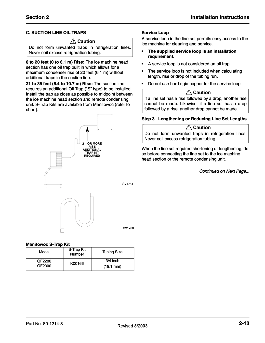 Manitowoc Ice QF2300, QF0800 Section, Installation Instructions, 2-13, C. Suction Line Oil Traps, Manitowoc S-TrapKit 