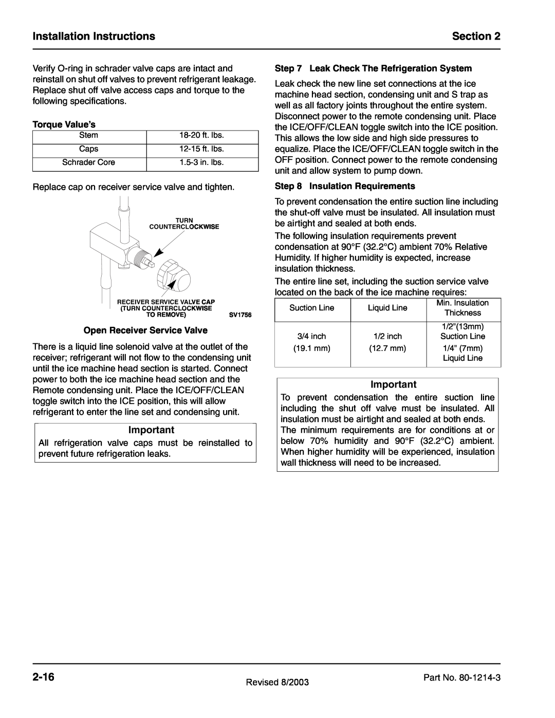 Manitowoc Ice QF0400, QF2300, QF0800 Installation Instructions, Section, 2-16, Torque Value’s, Open Receiver Service Valve 