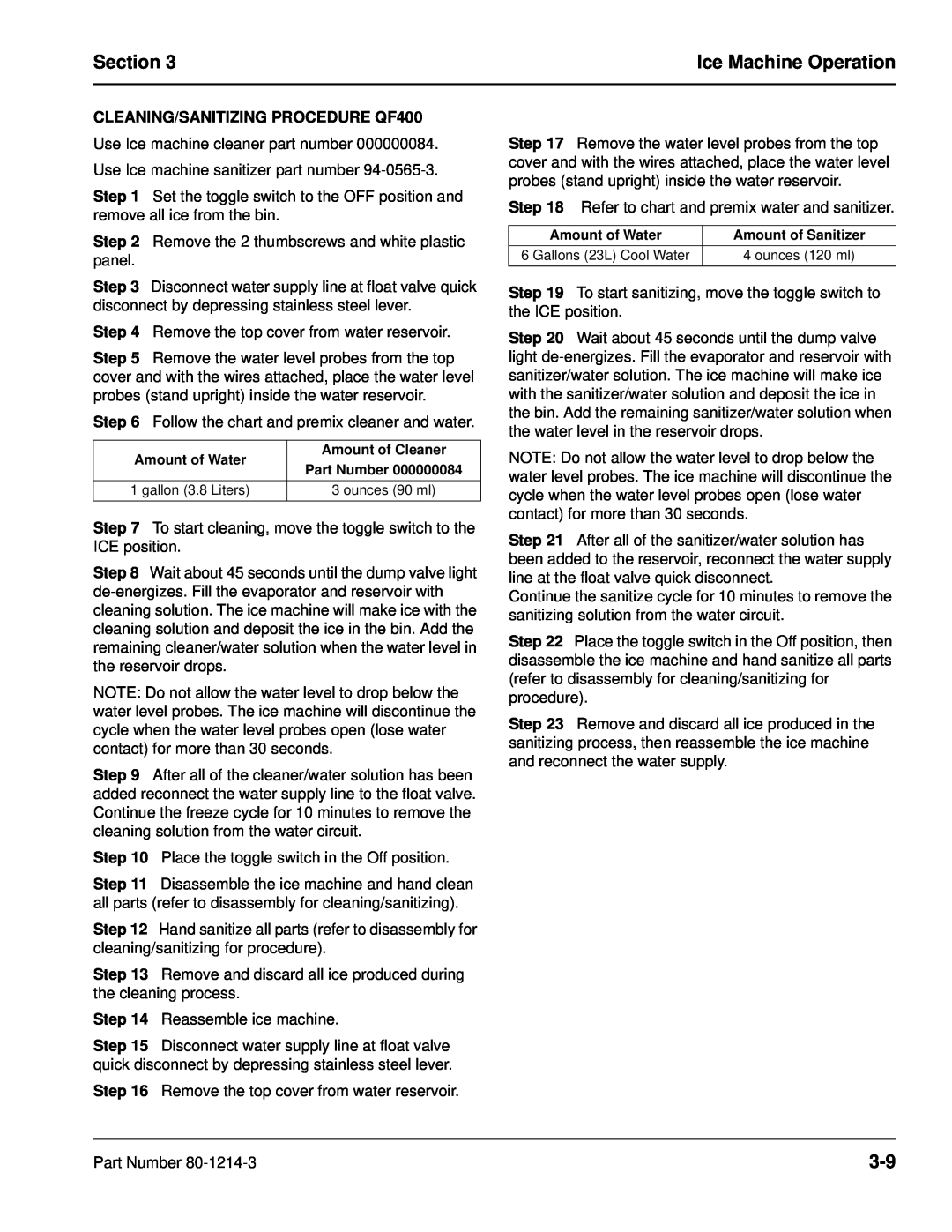 Manitowoc Ice QF2200, QF2300, QF0800, QC0700, QF0400 Section, Ice Machine Operation, CLEANING/SANITIZING PROCEDURE QF400 