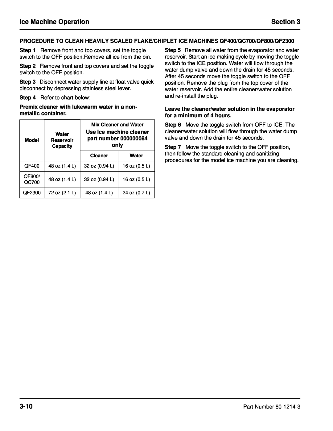 Manitowoc Ice QF2300, QF0800, QC0700, QF0400, QF2200 service manual Ice Machine Operation, Section, 3-10, part number, only 