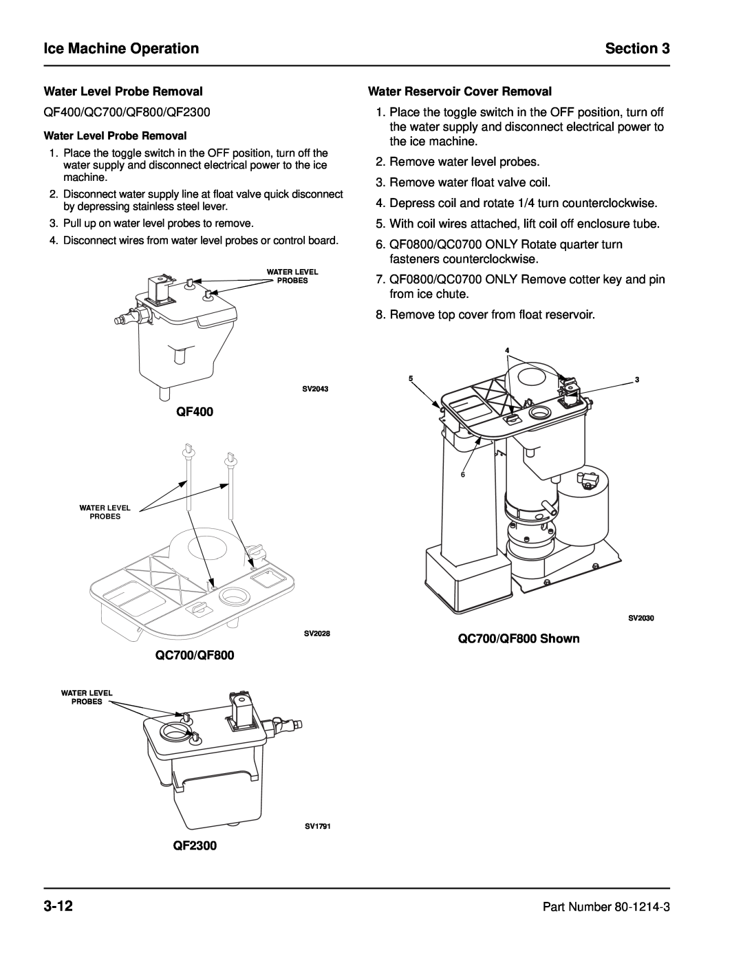 Manitowoc Ice QC0700, QF0800 Ice Machine Operation, Section, 3-12, Water Level Probe Removal, QF400, QC700/QF800, QF2300 