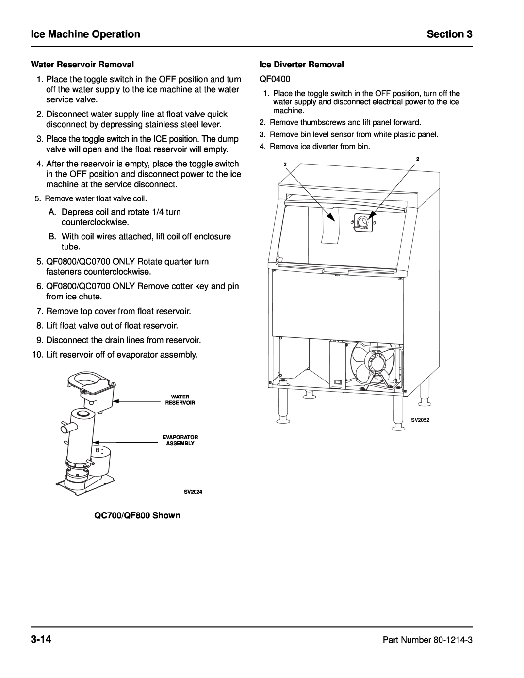 Manitowoc Ice QF2200, QF2300, QF0800 Ice Machine Operation, Section, 3-14, Water Reservoir Removal, QC700/QF800 Shown 