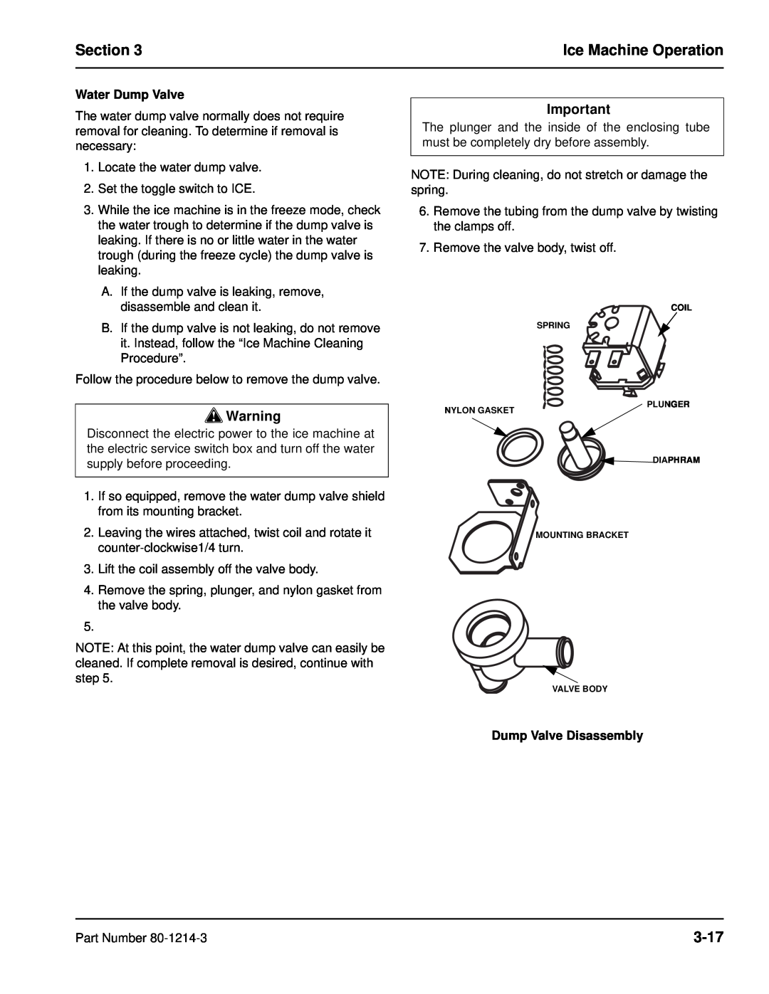 Manitowoc Ice QC0700, QF2300, QF0800, QF0400 Section, Ice Machine Operation, 3-17, Water Dump Valve, Dump Valve Disassembly 