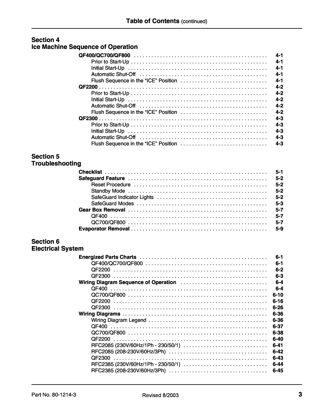 Manitowoc Ice QF2300 Table of Contents continued Section, Ice Machine Sequence of Operation, Section Troubleshooting, 6-10 
