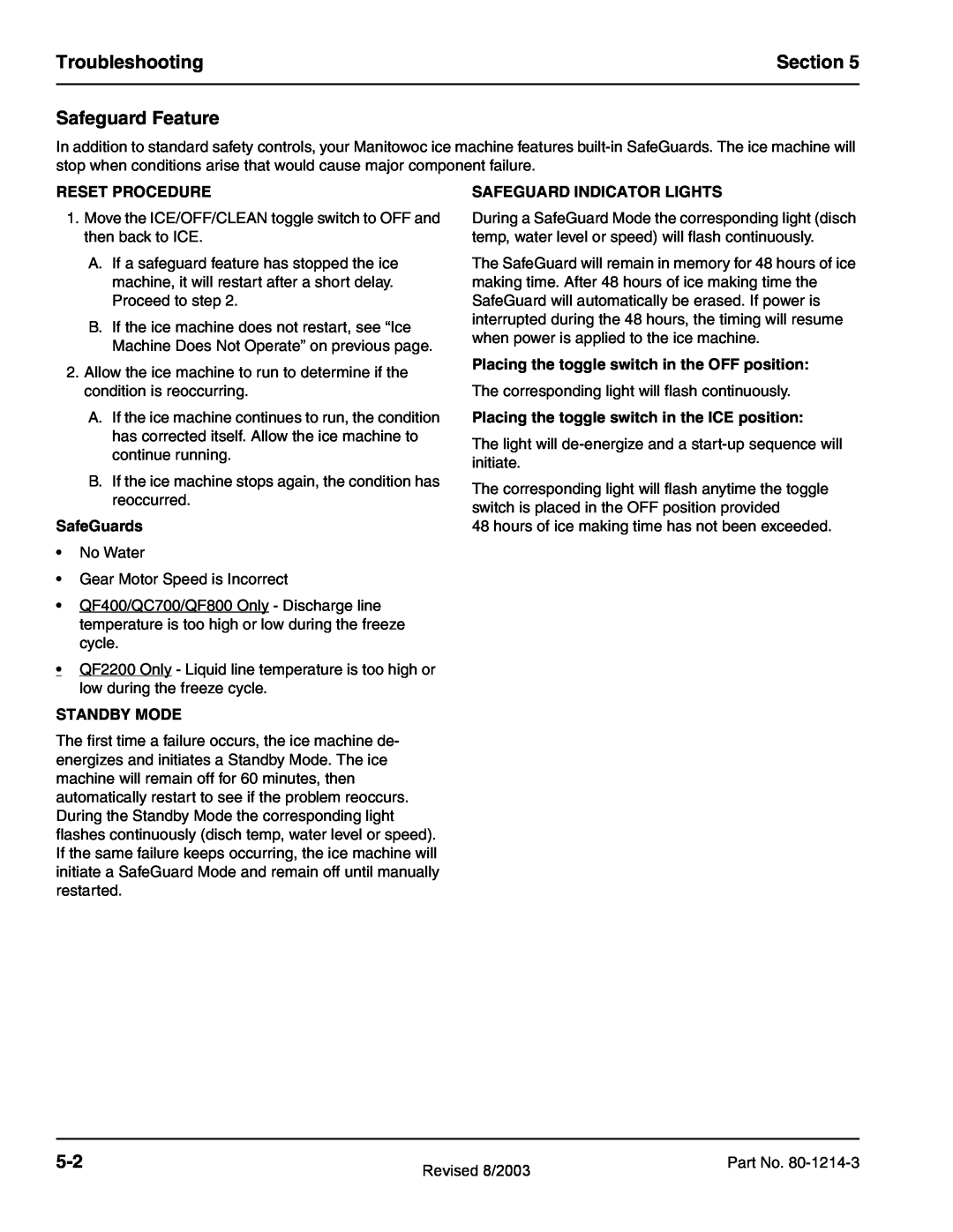 Manitowoc Ice QF2200 Troubleshooting, Section, Safeguard Feature, Reset Procedure, Safeguard Indicator Lights, SafeGuards 