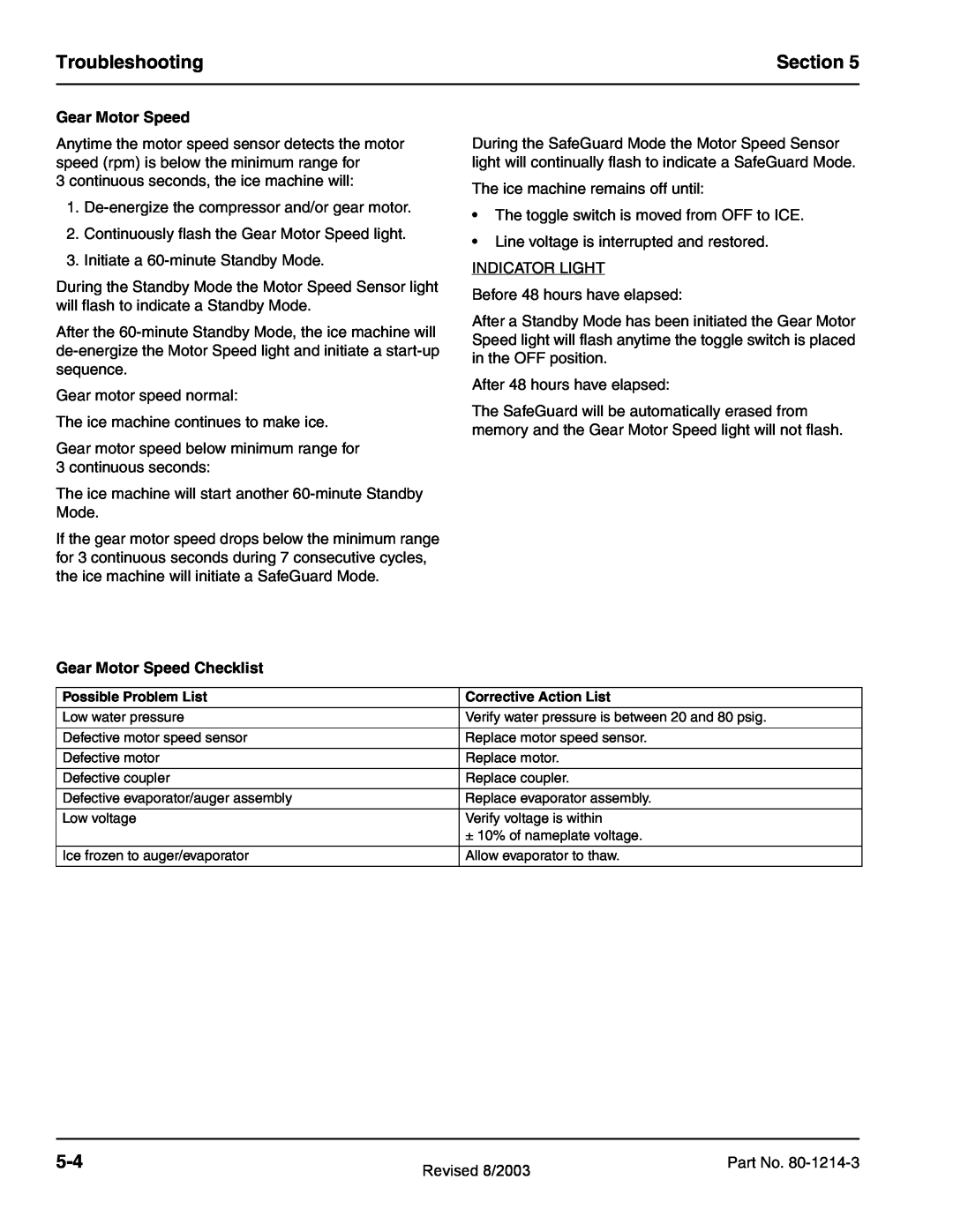 Manitowoc Ice QF0800, QF2300, QC0700, QF0400, QF2200 service manual Troubleshooting, Section, Gear Motor Speed Checklist 