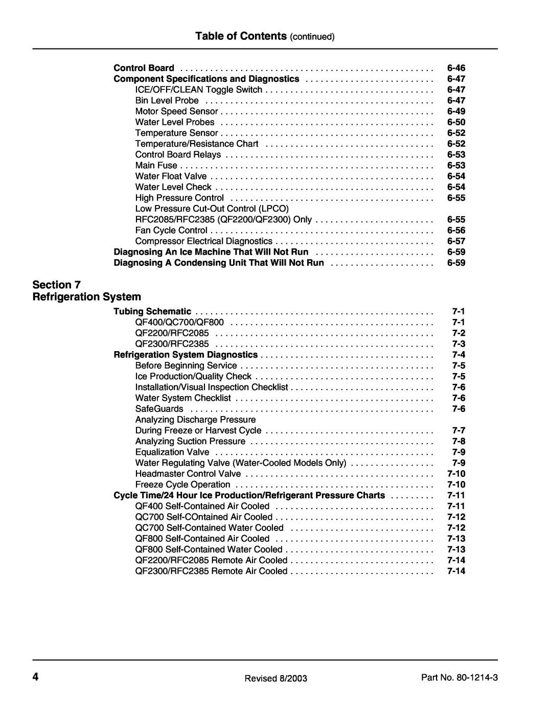 Manitowoc Ice QF0800 Table of Contents continued, Section Refrigeration System, 6-46, 6-47, ICE/OFF/CLEAN Toggle Switch 