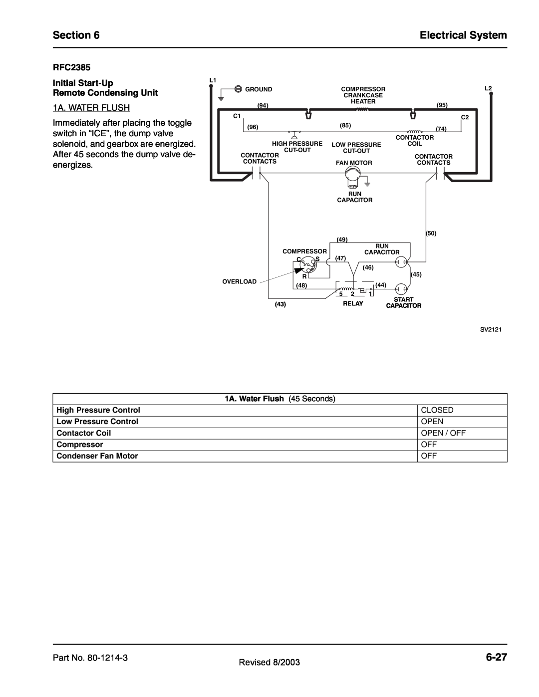 Manitowoc Ice QF2200, QF2300, QF0800 Section, Electrical System, 6-27, RFC2385, Initial Start-Up, Remote Condensing Unit 