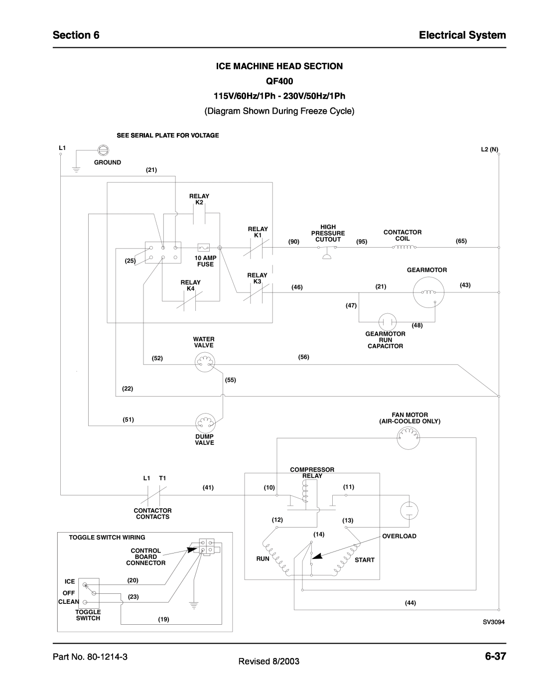 Manitowoc Ice QF2200 Section, Electrical System, 6-37, ICE MACHINE HEAD SECTION QF400, 115V/60Hz/1Ph - 230V/50Hz/1Ph 