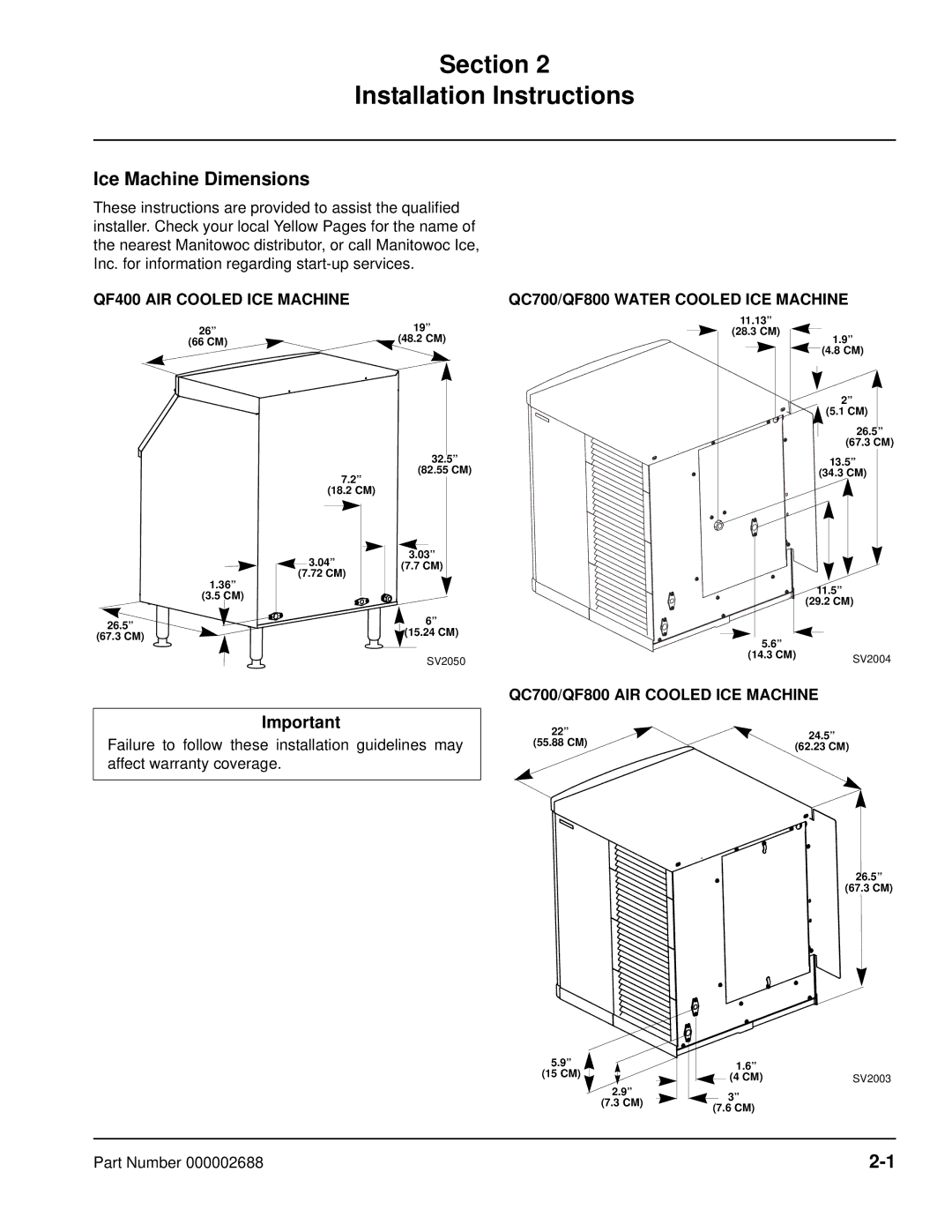 Manitowoc Ice QF0400, QF2300 Ice Machine Dimensions, QF400 AIR Cooled ICE Machine, QC700/QF800 Water Cooled ICE Machine 