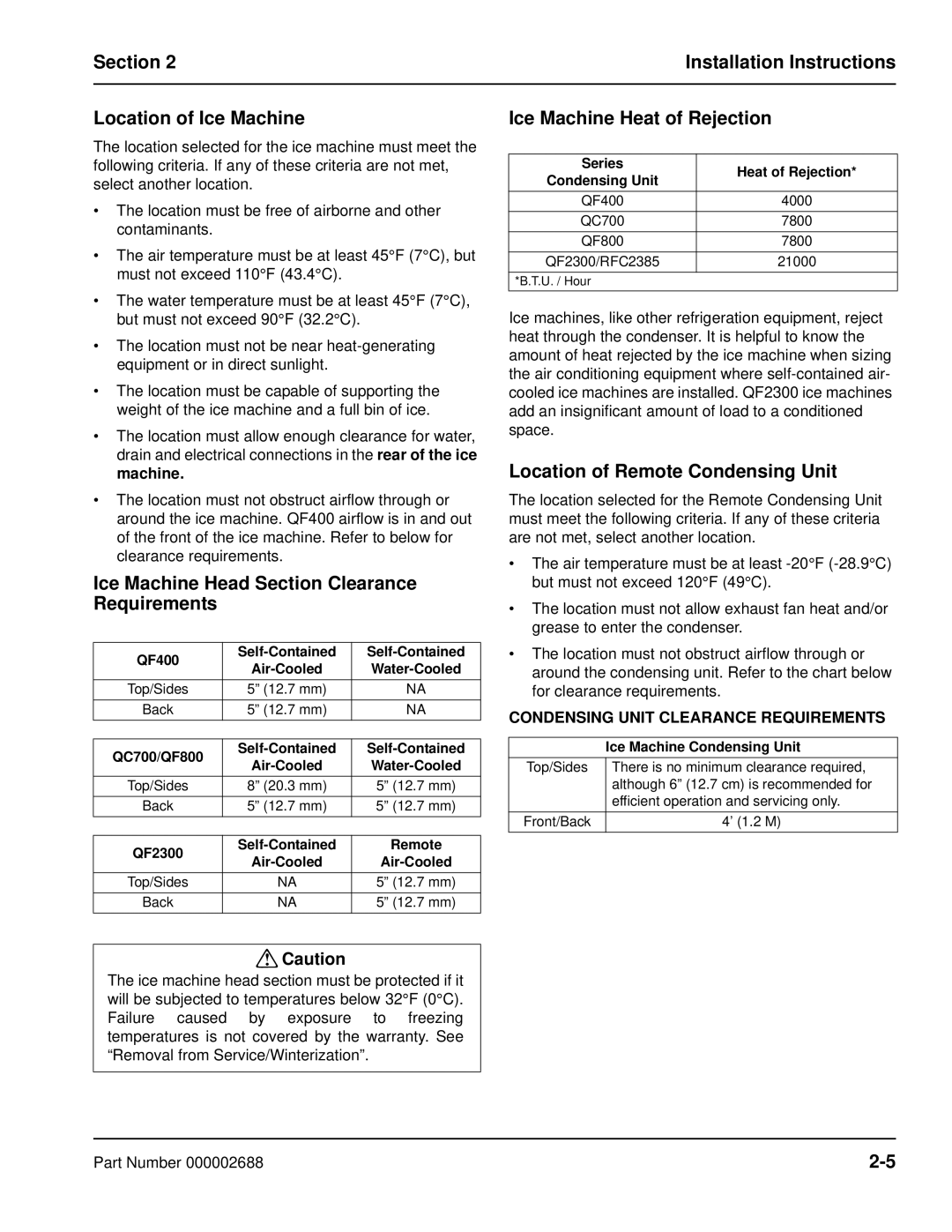 Manitowoc Ice QF0400, QF2300 manual Section Installation Instructions Location of Ice Machine, Ice Machine Heat of Rejection 