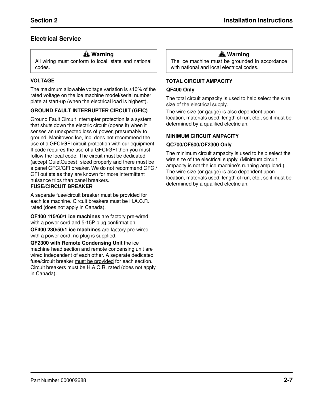 Manitowoc Ice QF0800, QF2300, QC0700, QF0400 manual Section Installation Instructions Electrical Service 