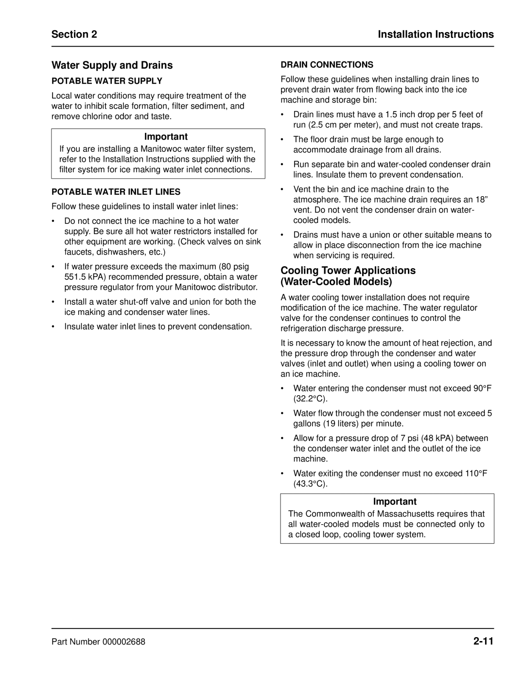 Manitowoc Ice QF0800 Section Installation Instructions Water Supply and Drains, Potable Water Supply, Drain Connections 