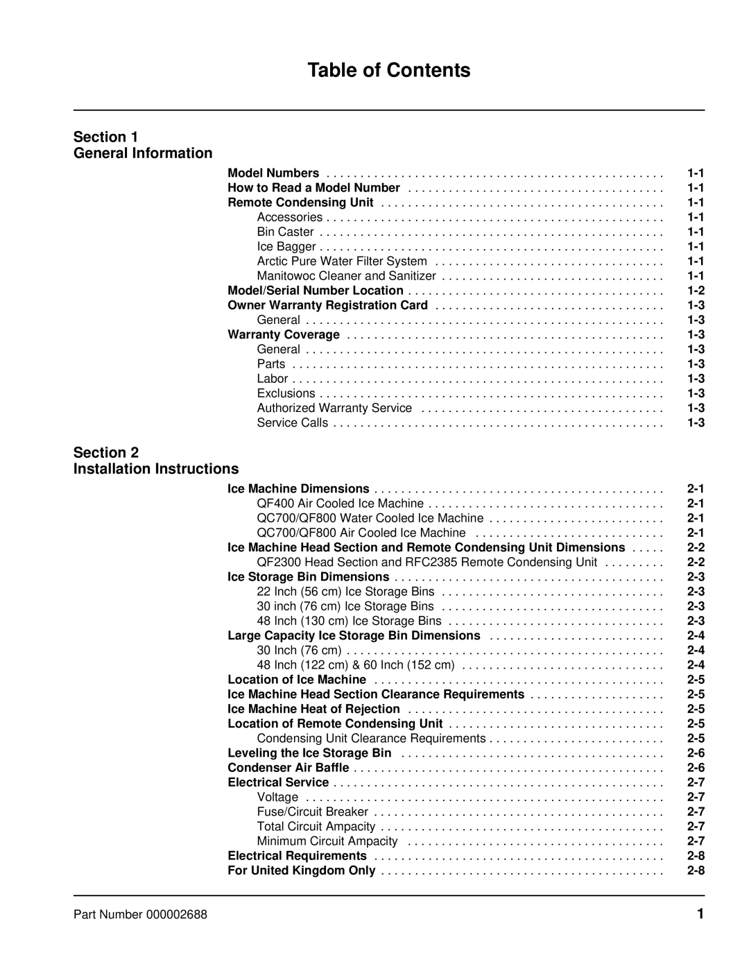 Manitowoc Ice QF0400, QF2300, QF0800, QC0700 manual Table of Contents 